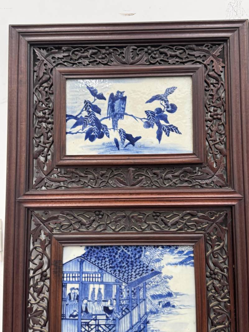 清 青花耕織圖花鳥屏風八扇 - 图3
