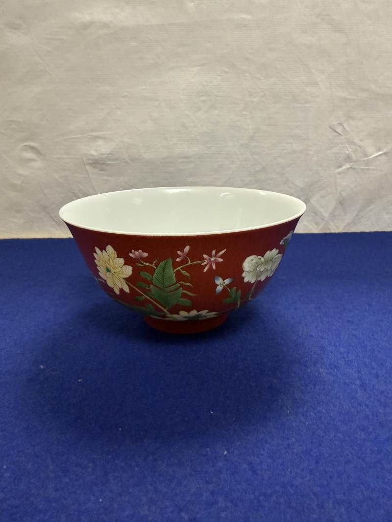 清道光 珊瑚紅地五彩九秋圖碗 - 图5