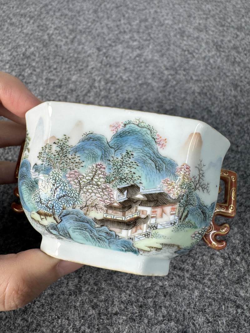 清乾隆 唐英製山水詩文雙耳杯 - 图3