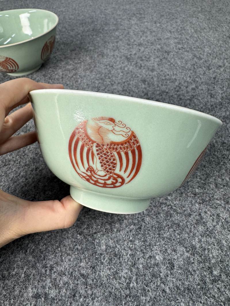 清道光 青釉礬紅團鳳紋碗一對 - 图7