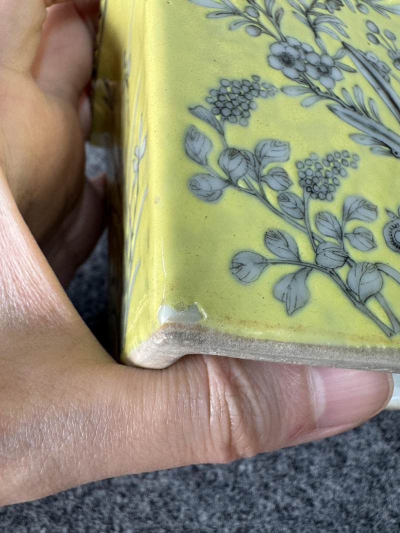 清光緒 黃地墨彩蘭紋長方小花盆帶奩一對 - 图11