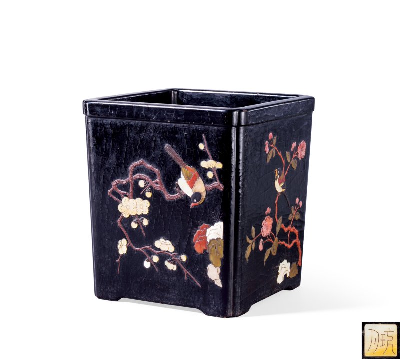 清早期 黑漆嵌百宝花鸟纹四方倭角笔筒