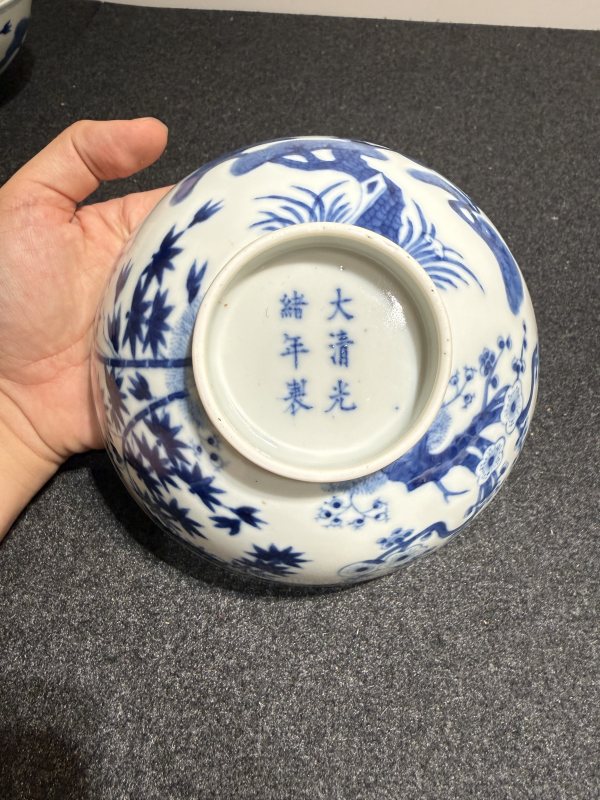 清光緒青花歲寒三友圖碗一對 - 图13