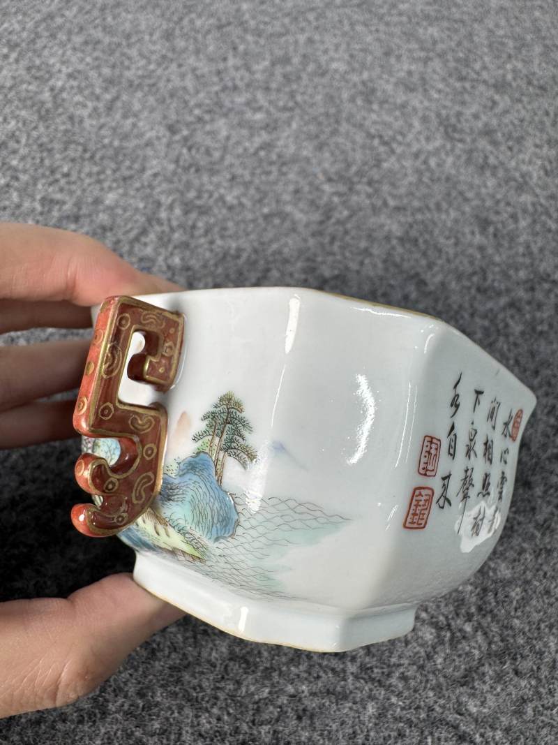 清乾隆 唐英製山水詩文雙耳杯 - 图6