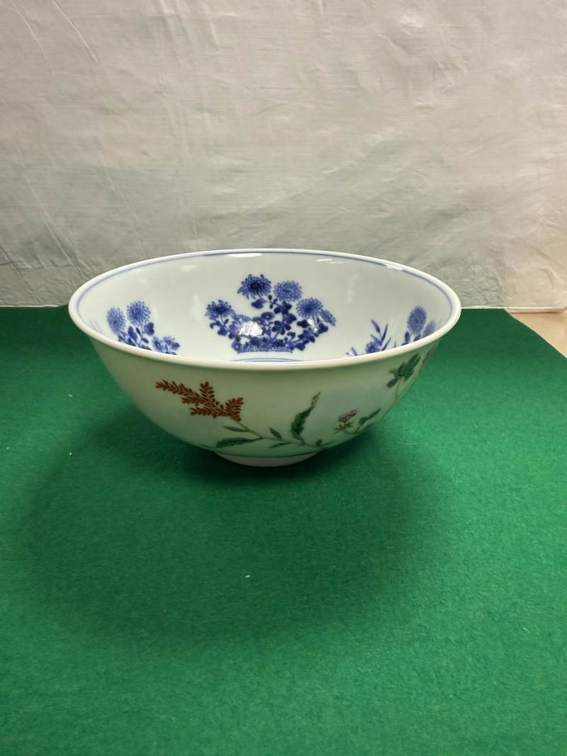 清道光 外粉彩花鳥紋內青花折枝花卉紋碗 - 图3