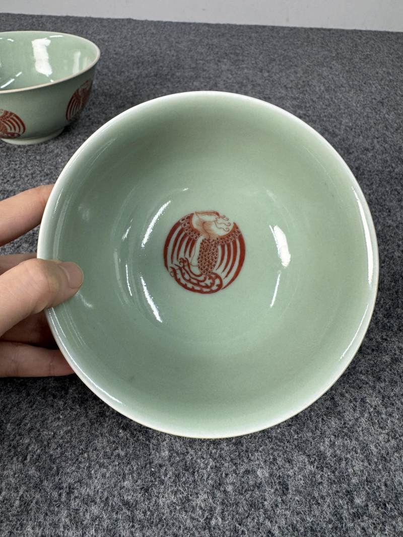 清道光 青釉礬紅團鳳紋碗一對 - 图12