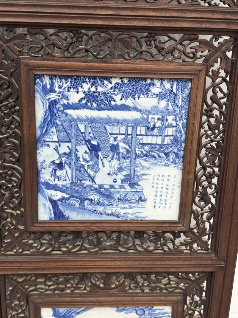 清 青花耕織圖花鳥屏風八扇 - 图11