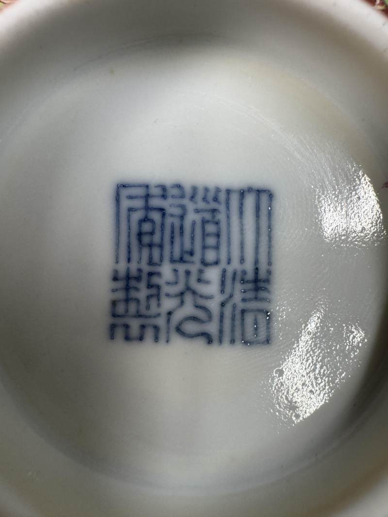清道光 珊瑚紅地洋彩開光花卉紋碗 - 图15