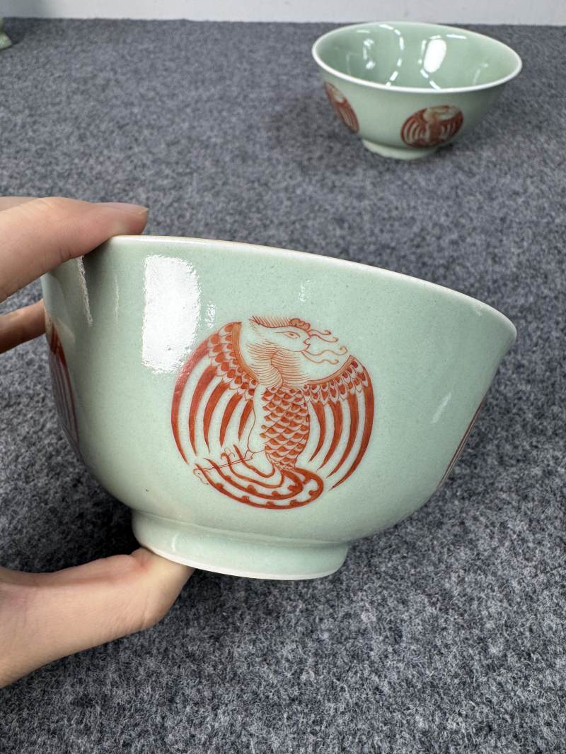 清道光 青釉礬紅團鳳紋碗一對 - 图14