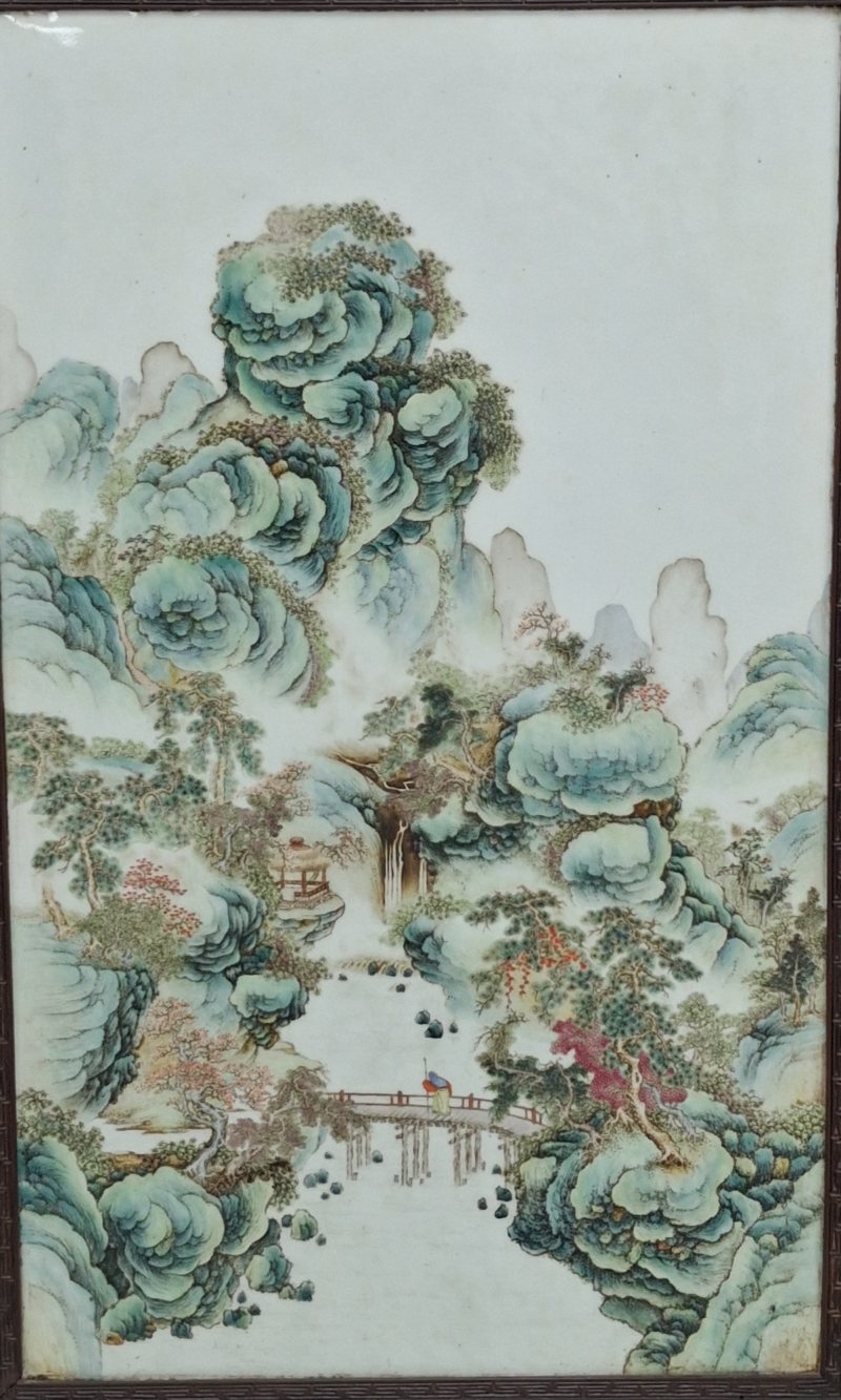 民國粉彩宋人詩意山水圖瓷板掛屏 - 图3