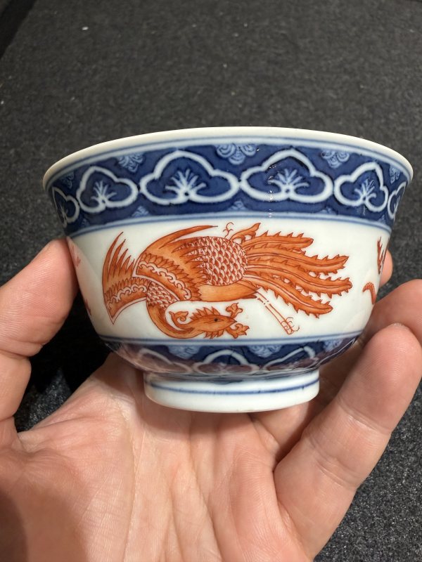清道光 “退思堂製”款青花礬紅彩龍鳳紋蓋碗 - 图4