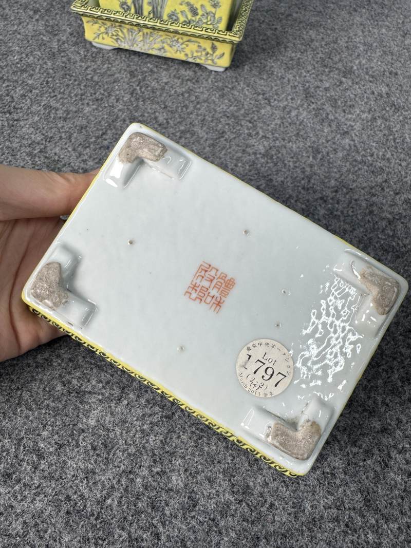 清光緒 黃地墨彩蘭紋長方小花盆帶奩一對 - 图23