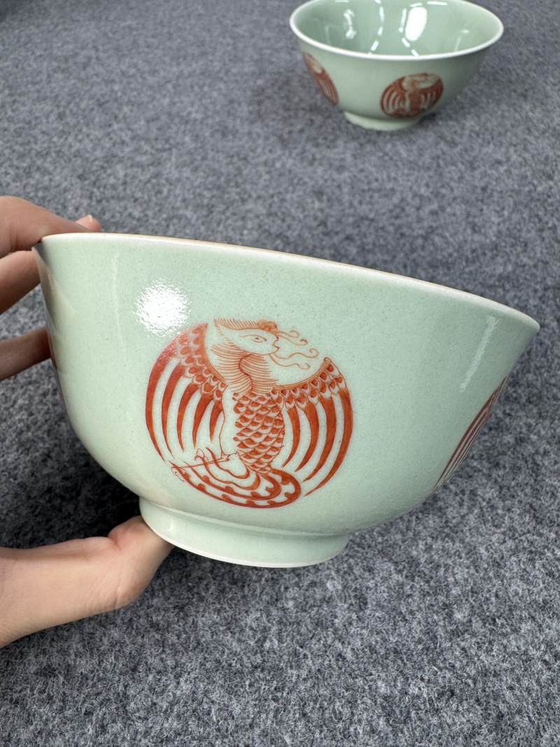清道光 青釉礬紅團鳳紋碗一對 - 图16
