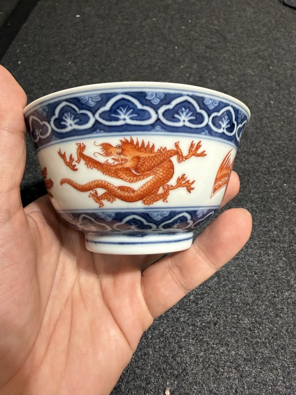 清道光 “退思堂製”款青花礬紅彩龍鳳紋蓋碗 - 图5