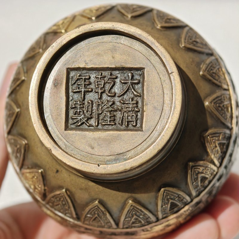 清乾隆 铜局部点金兽面纹夔凤耳瓶 - 图12