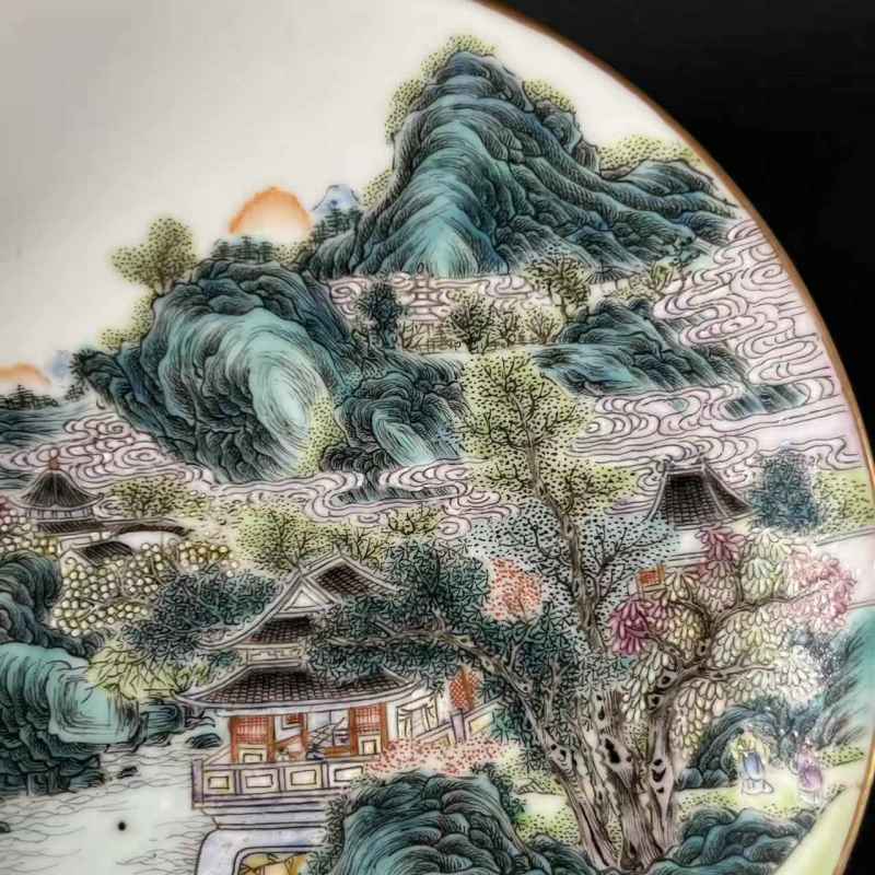清宣统 粉彩山水亭台楼阁图赏盘 - 图6