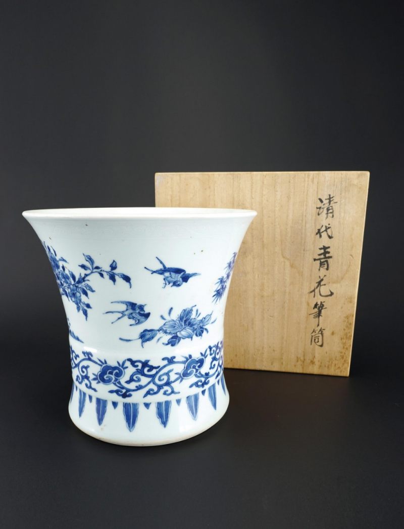    明崇禎 青花花鳥紋筆筒