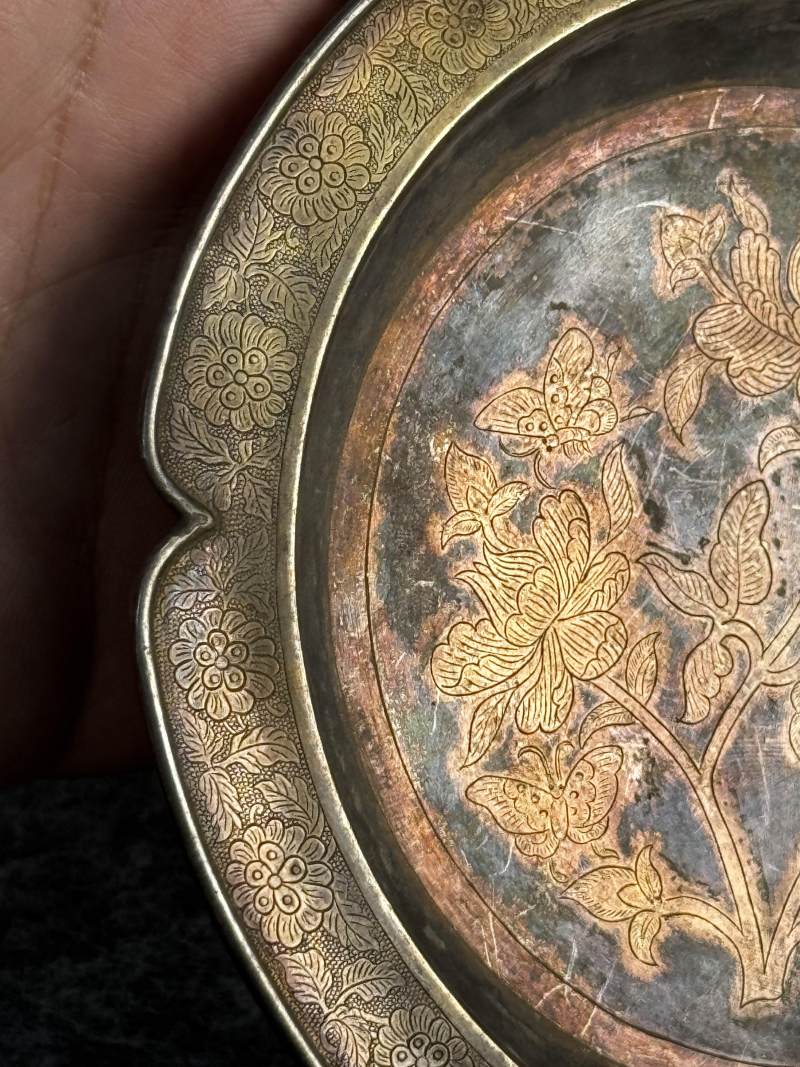 銀鎏金仙鶴花蝶紋盞和盞托一套 - 图5
