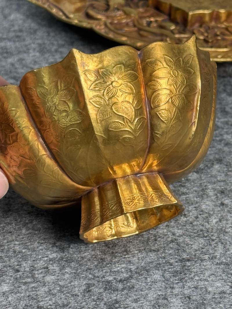 金質花鳥紋六角杯連托 - 图13