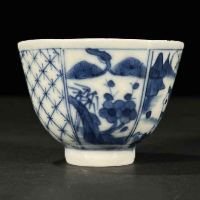 清道光 青花人物诗文杯 - 图4
