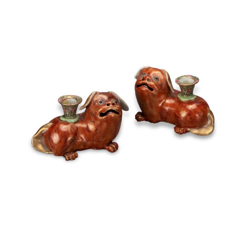    清 矾红描金狮子烛台（一对）