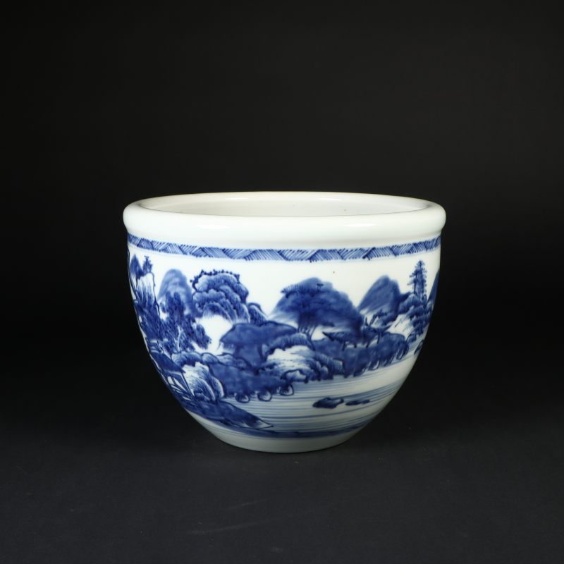 清代 青花通景山水纹卷缸 - 图2