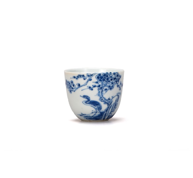    清中期 青花花鸟诗文卧足杯