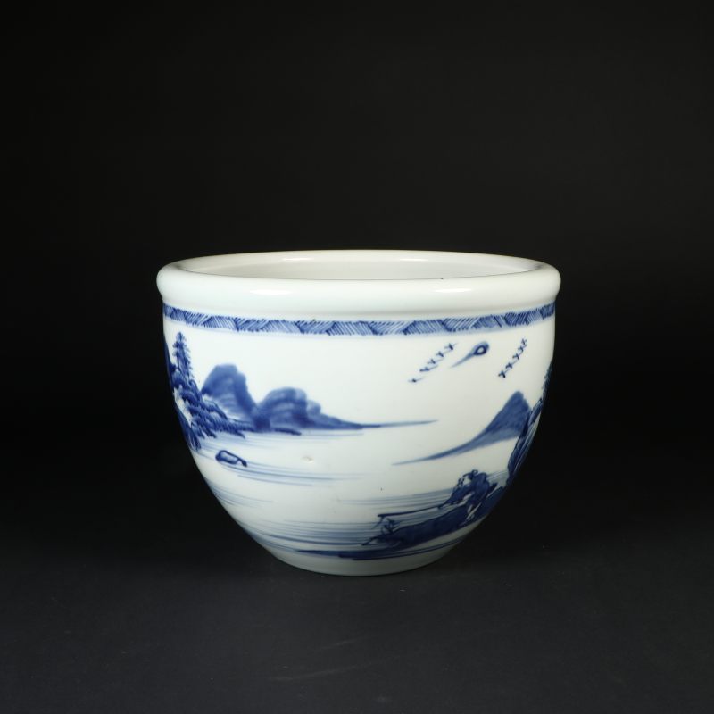 清代 青花通景山水纹卷缸 - 图3