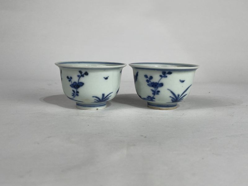 解放后 青花花鸟纹小杯一对 - 图2