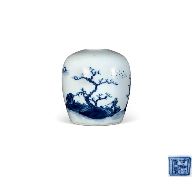    清 青花放牧图诗文罐