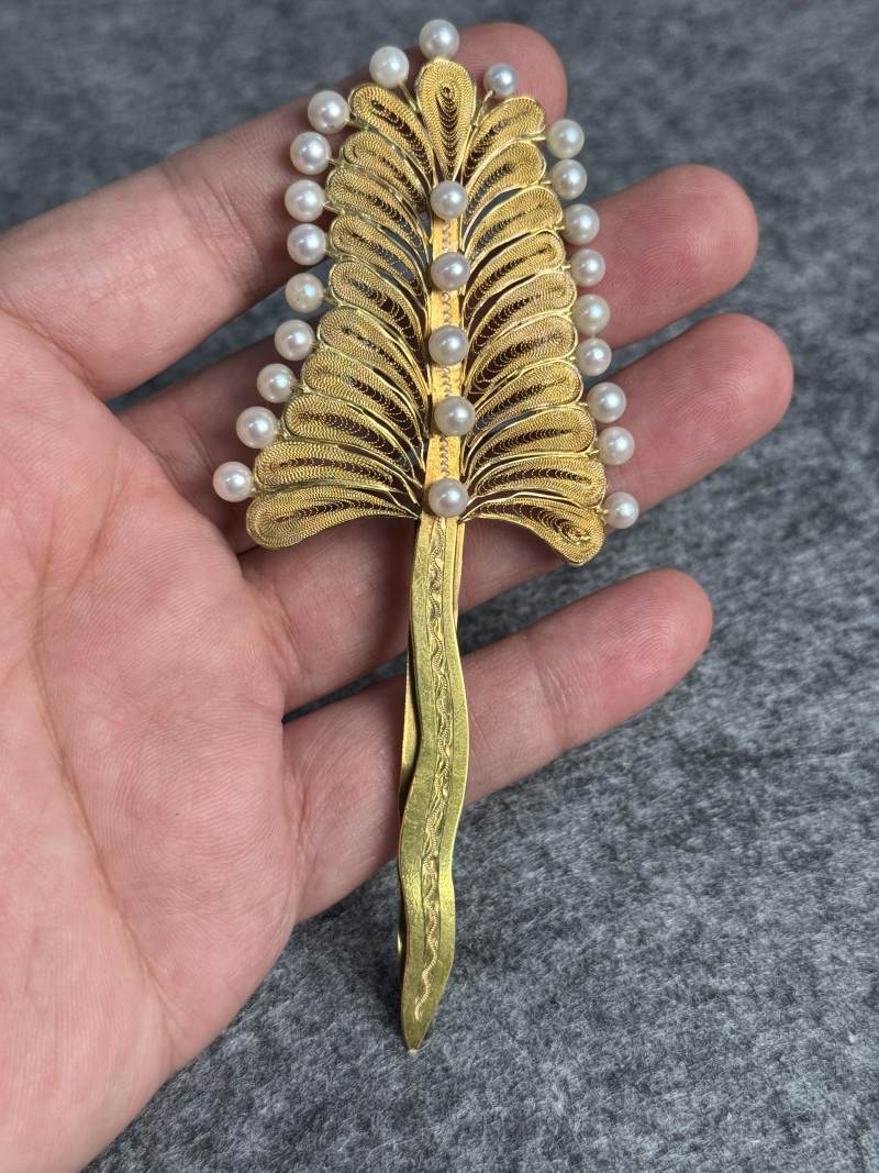 金質嵌珍珠髮簪 - 图2