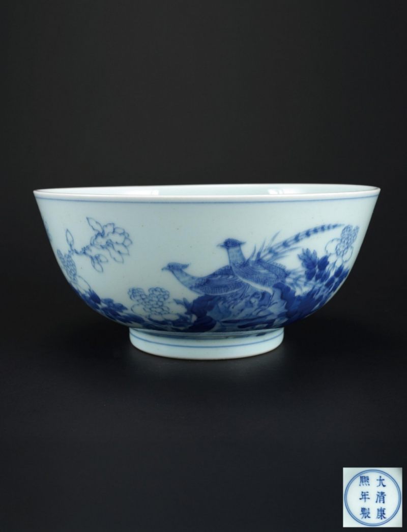    清 青花錦雞牡丹碗