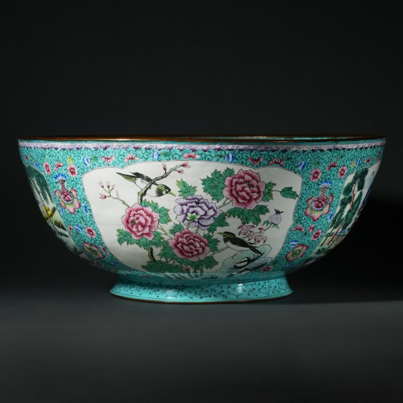 清末民国 铜胎画珐琅花鸟纹大碗 - 图3