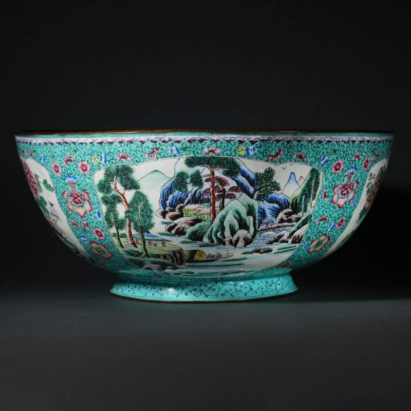 清末民国 铜胎画珐琅花鸟纹大碗 - 图4