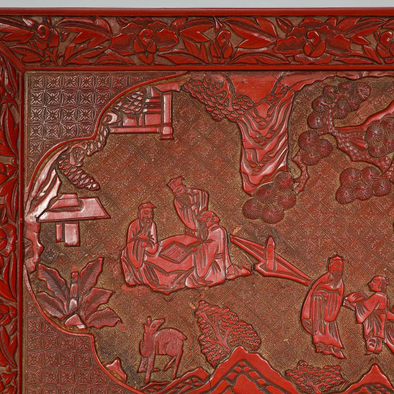 明 剔红携琴访友图长方盘 - 图3