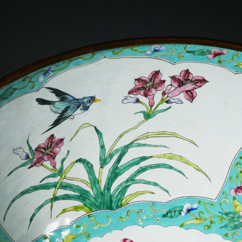 清末民国 铜胎画珐琅花鸟纹大碗 - 图7