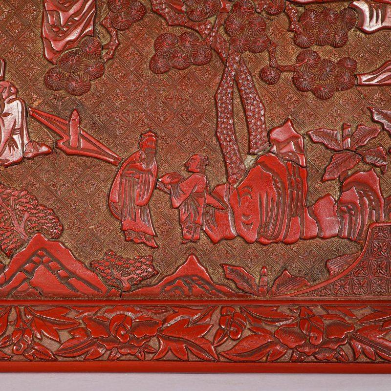 明 剔红携琴访友图长方盘 - 图4
