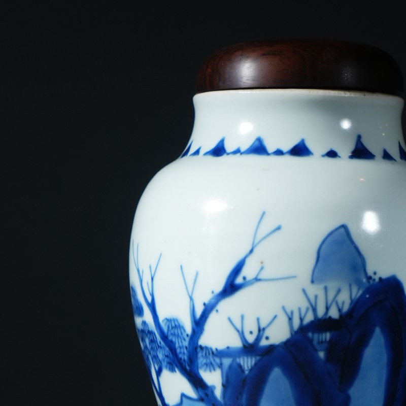 清顺治 青花山水纹莲子罐 - 图5