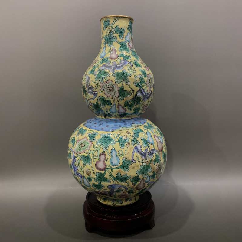 20世纪70年代 铜胎画珐琅福禄万代葫芦瓶 - 图3