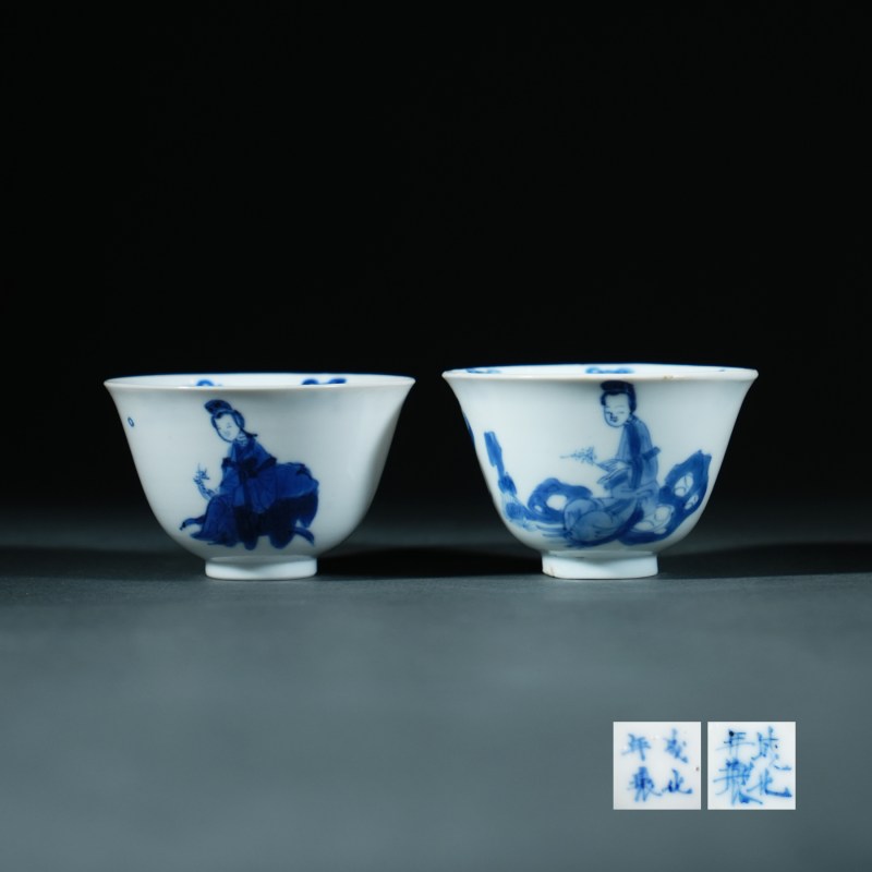 清康熙 青花教子图杯一对
