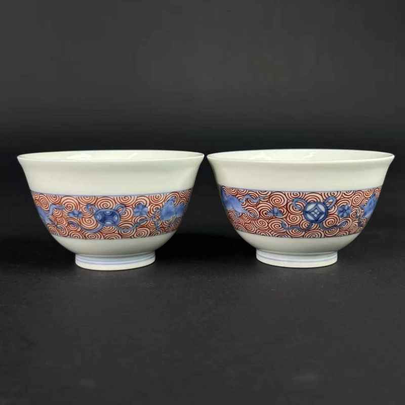 清中期 青花釉里红杯一对