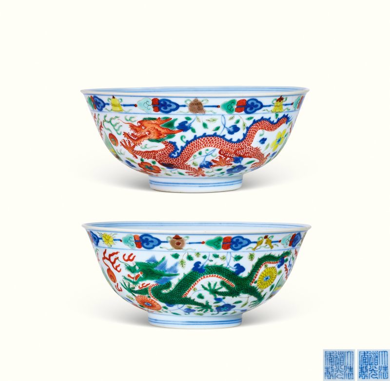 清道光 青花五彩龙凤纹碗一对 - 图1