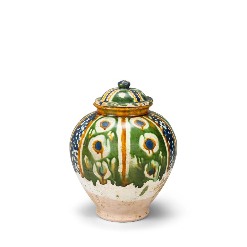 唐　三彩加藍萬年罐 | A BLUE-SPLASHED AND SANCAI-GLAZED JAR AND COVER - 图4