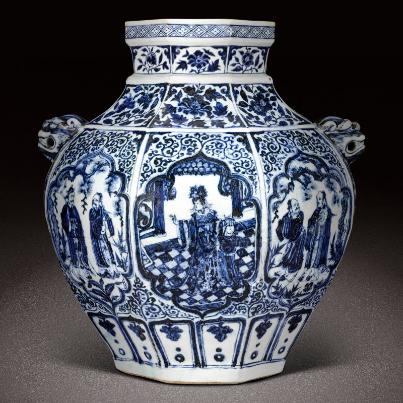 元 青花開光「西王母蟠桃會」故事圖八方大罐  YUAN DYNASTY (1279-1368) - 图1
