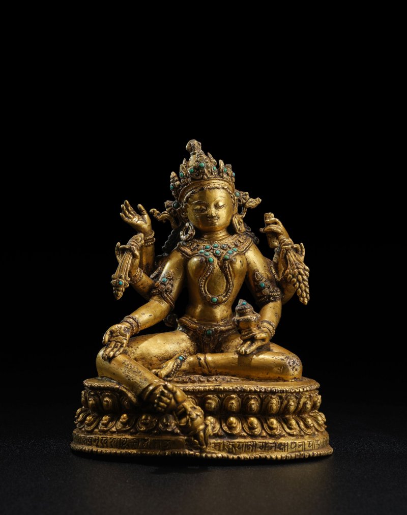 尼泊爾 1300年（據銘文） 銅鎏金財源天母像 | A GILT COPPER ALLOY FIGURE OF VASUDHARA - 图3