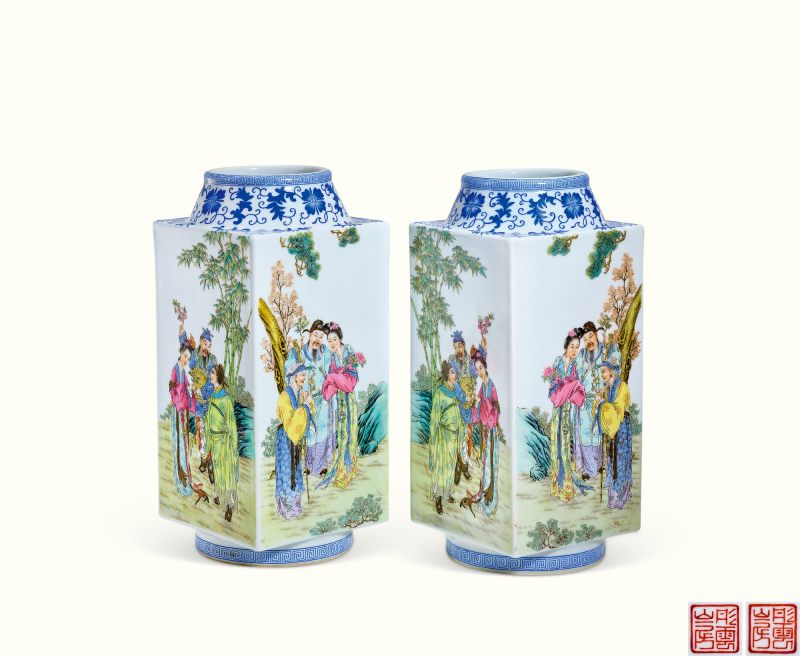 民国 粉彩十二花神故事图琮式瓶一对
