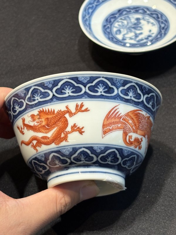 清道光 “退思堂製”款青花礬紅彩龍鳳紋蓋碗 - 图14