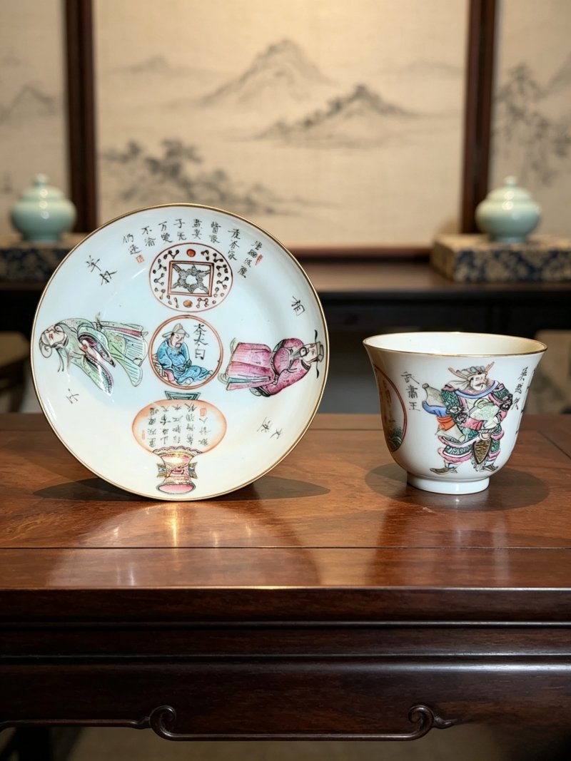 清道光 粉彩无双谱杯碟 - 图1