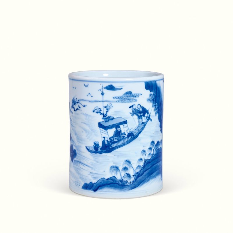 清康熙 青花泛舟图诗文笔筒 - 图1