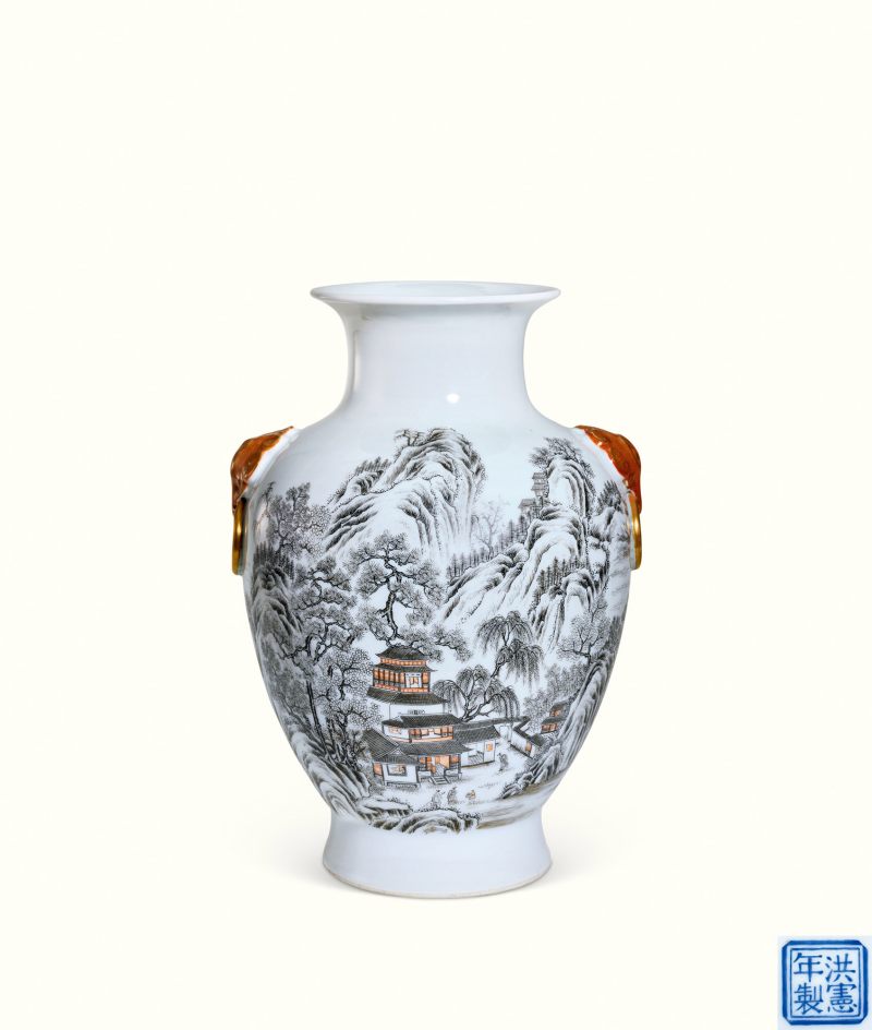 民国 墨彩山水图辅首尊